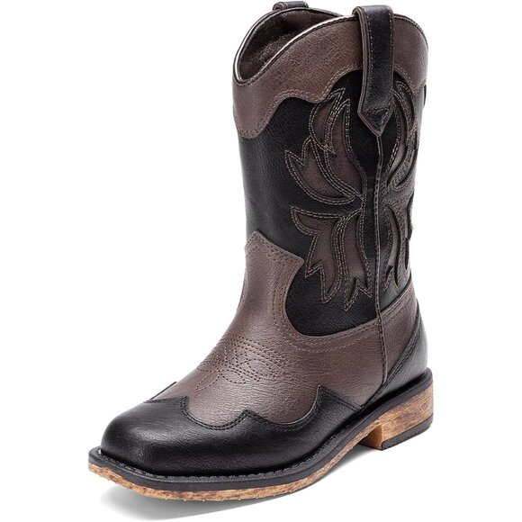 ⚡Girls Brown Black Square Toe Mid Calf Cowgirl Boot Western Fashion Riding Shoes - Picture 1 of 6